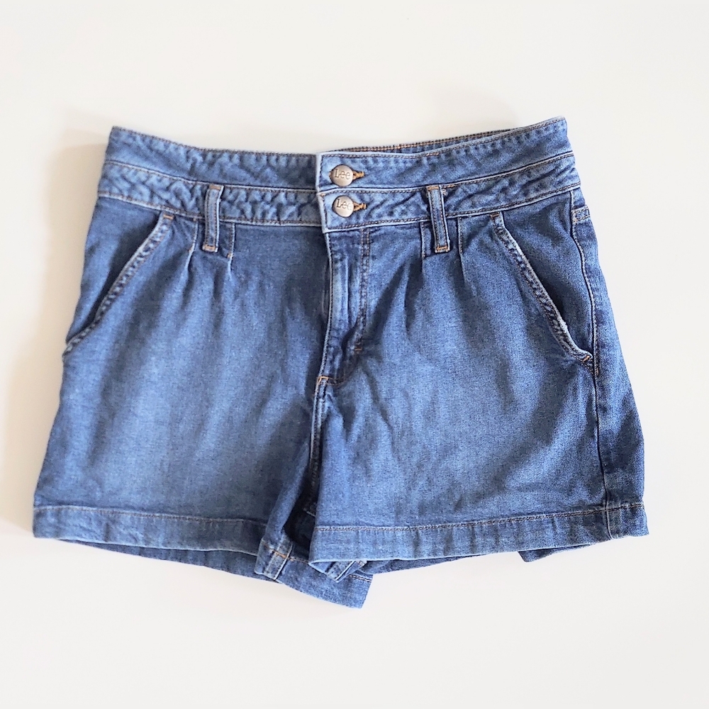 Lee Heritage Med High Rise Double Button Front Blue Denim Retro Short Size 10